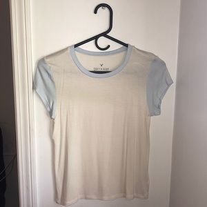 White tee with light blue trim